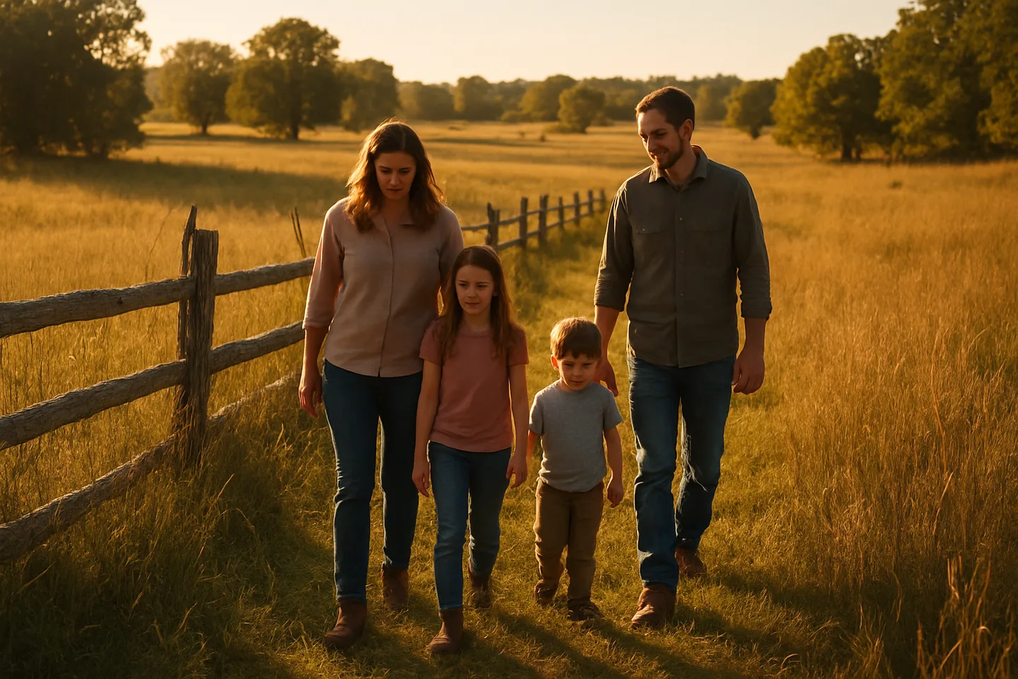 Family walking along inherited rural property