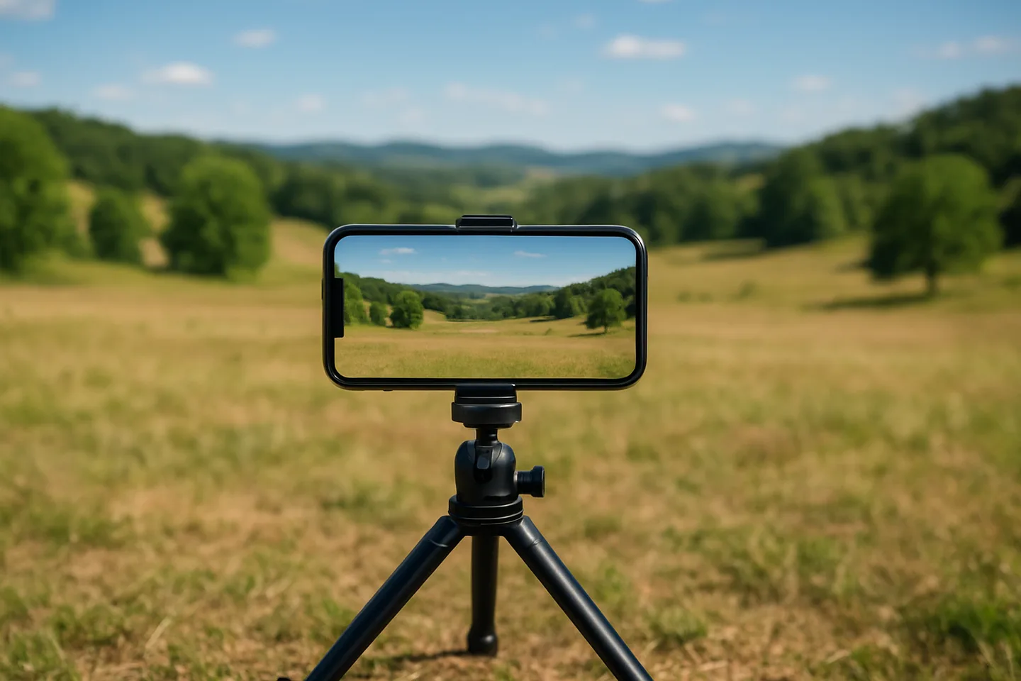 Smartphone on tripod photographing a vacant land parcel