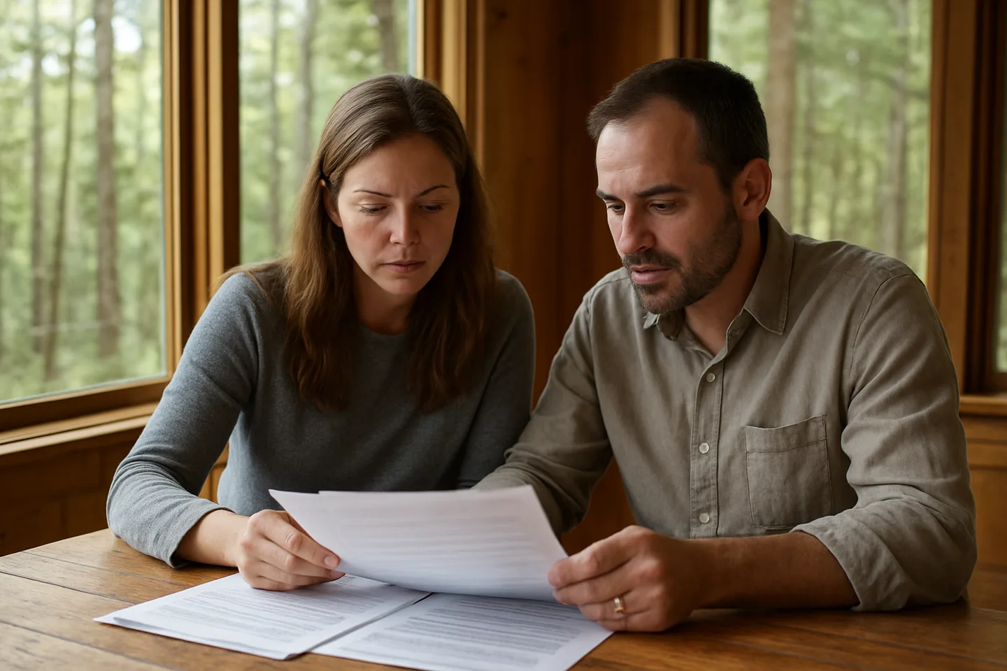 Two people reviewing land sale documents without a realtor