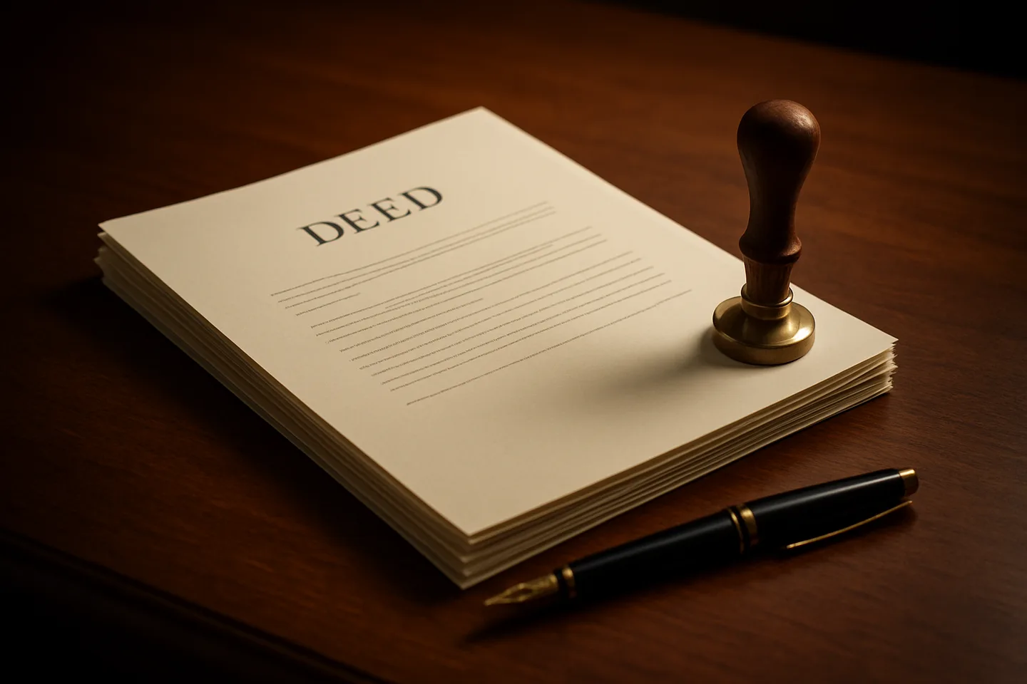 Legal land deed with notary stamp and fountain pen on desk
