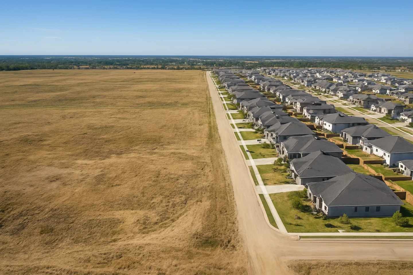 Aerial view of undeveloped land next to new construction