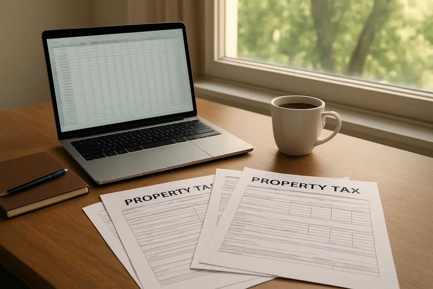 Property tax documents and laptop on a desk