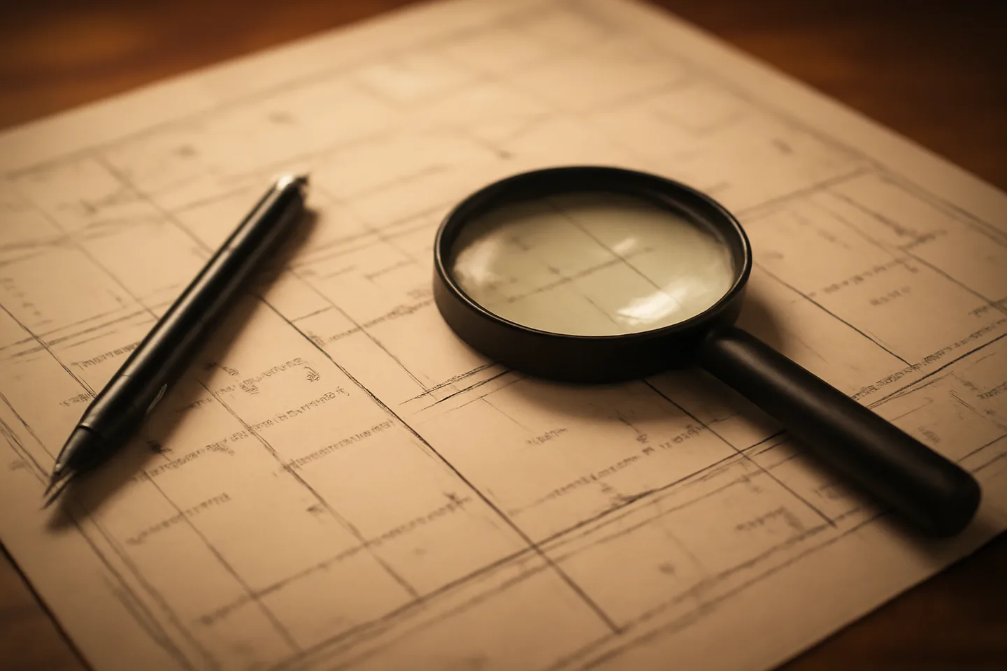 Property survey map and magnifying glass on a table
