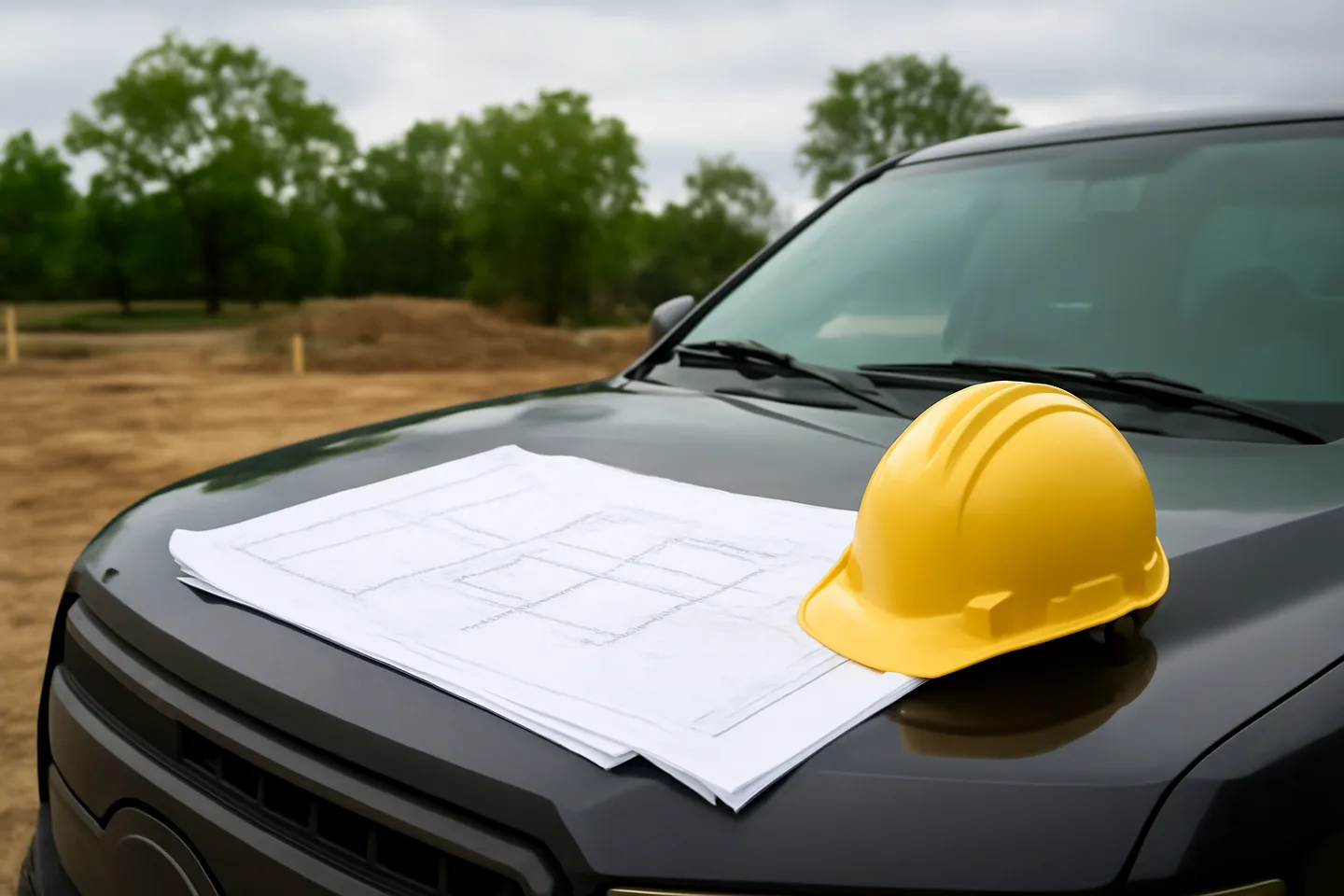 Blueprints and hard hat on a truck hood at a construction site