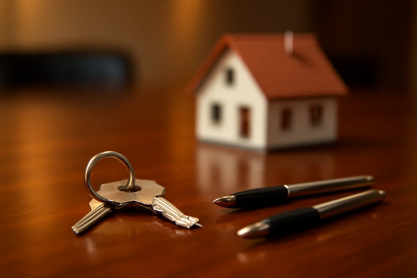 Property closing table with signed documents and keys from above