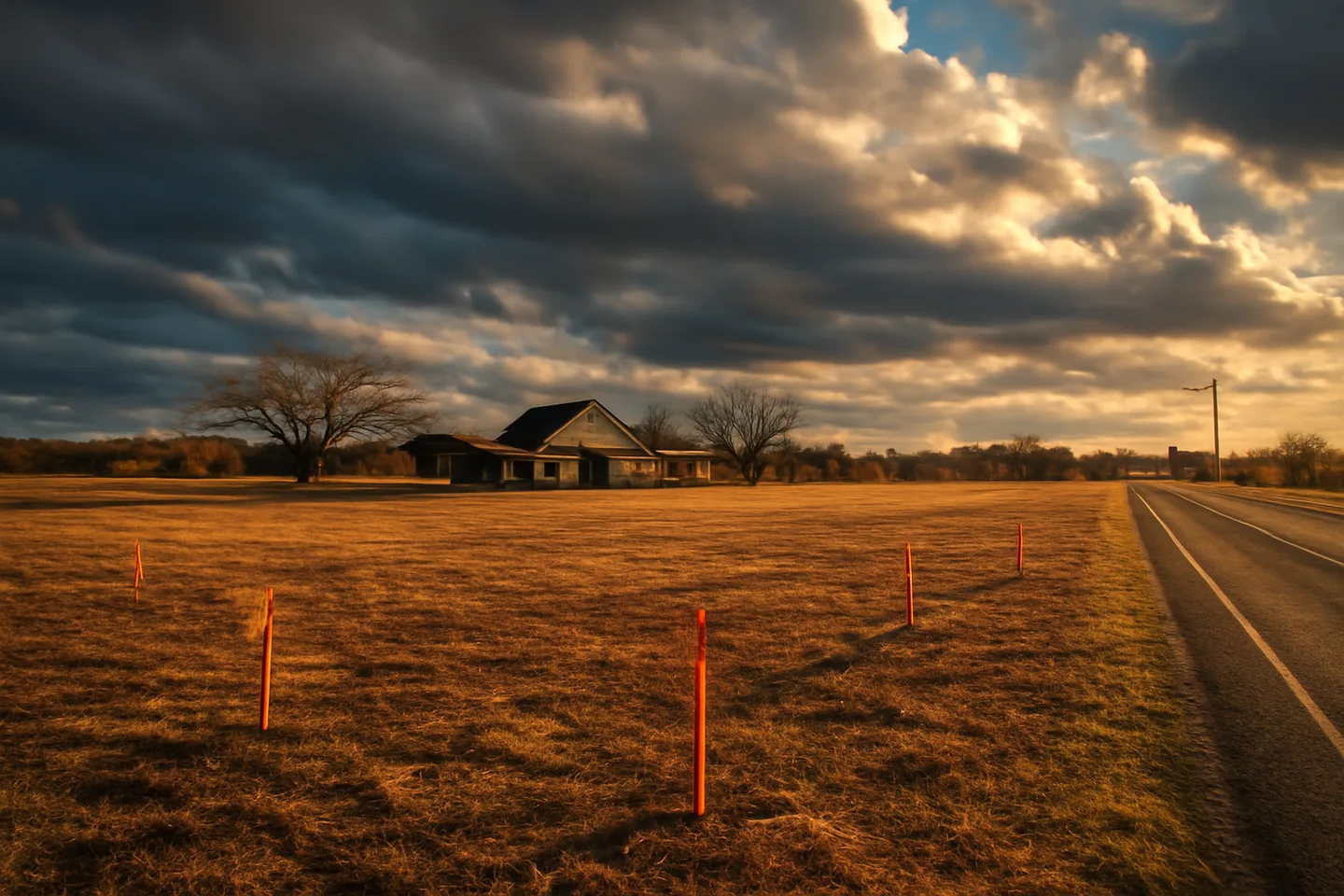 Rural property with survey stakes along a county road