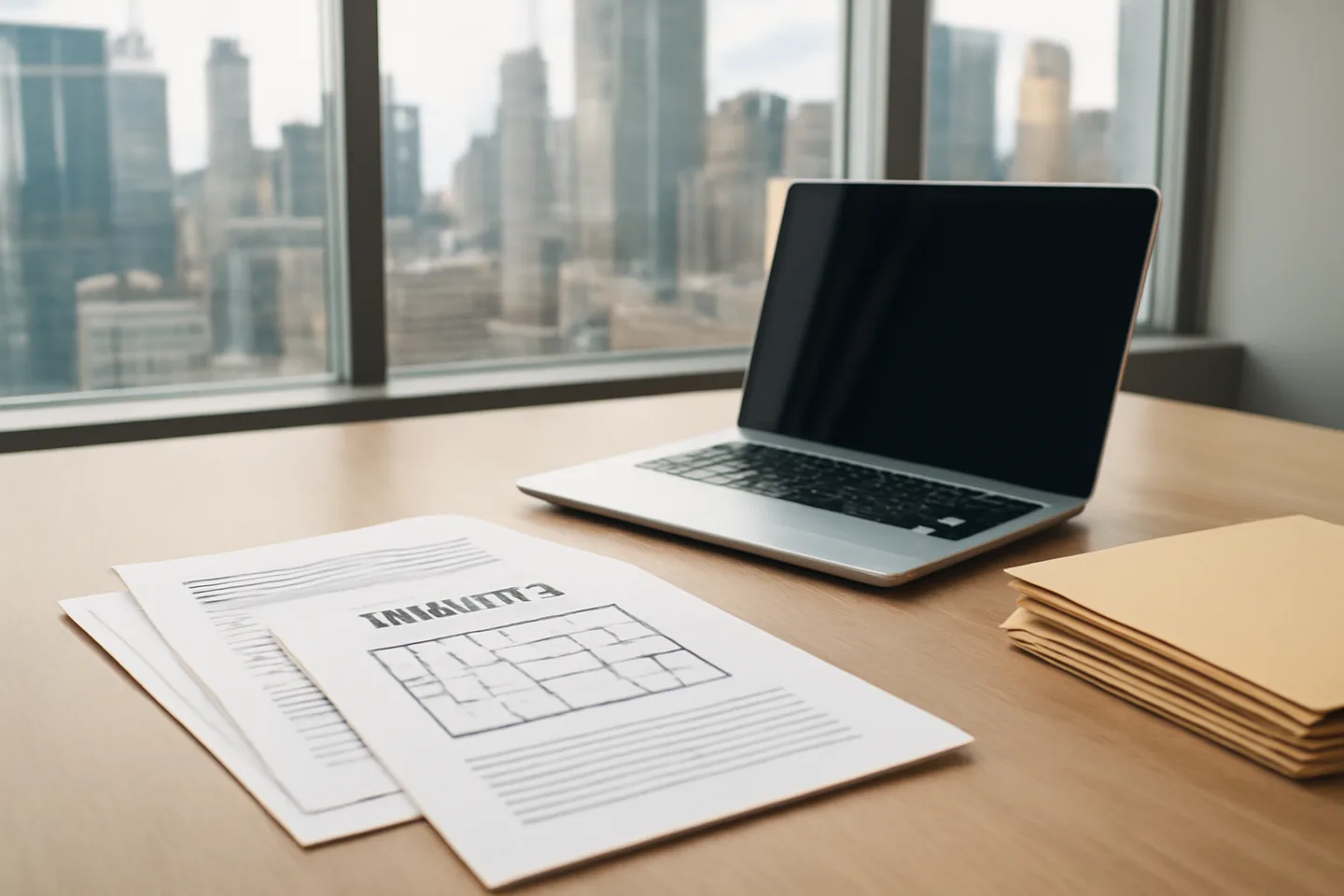 Professional office with property documents and city view