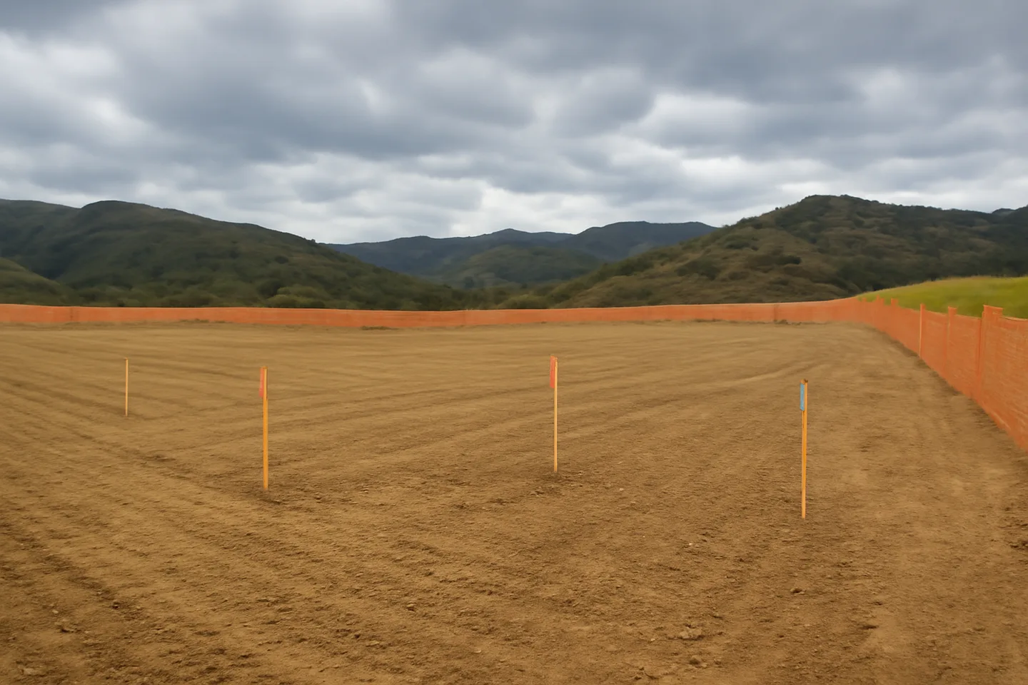 Graded construction lot with utility stakes