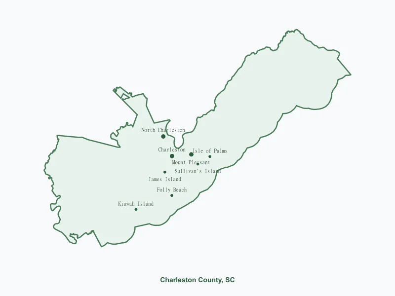 Map of Charleston County, SC showing major cities