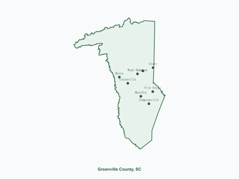 Map of Greenville County, SC showing major cities