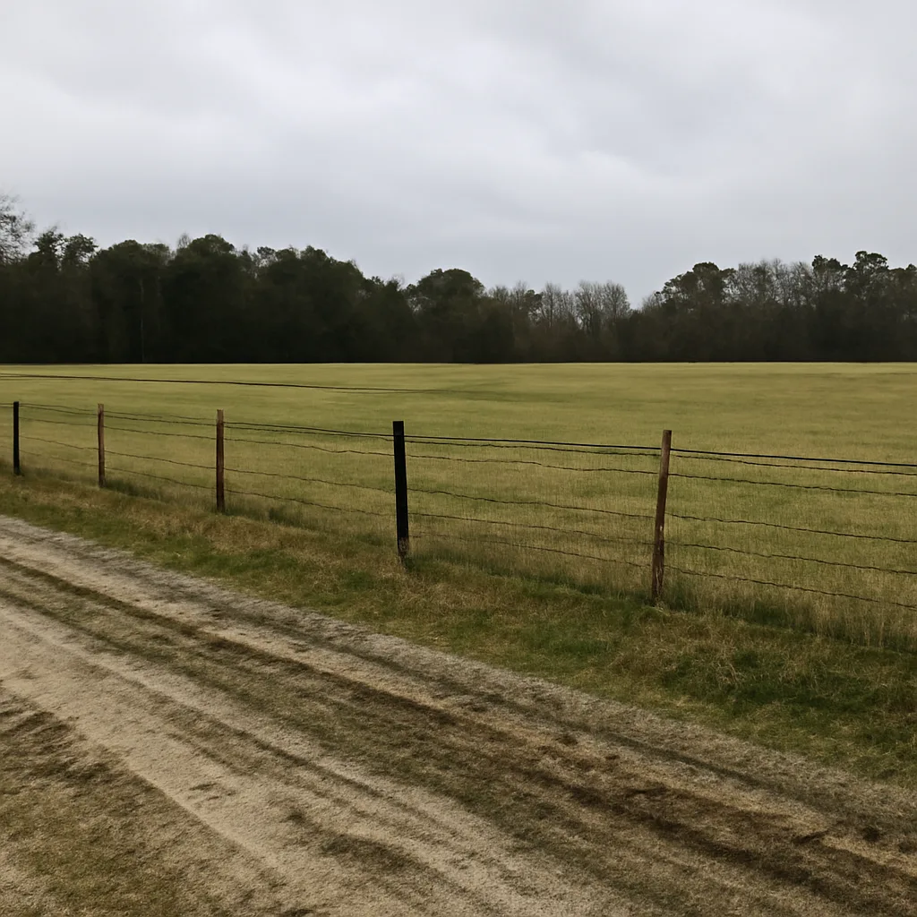 Rural acreage with open grassland and conifer forest in Berkeley County, South Carolina