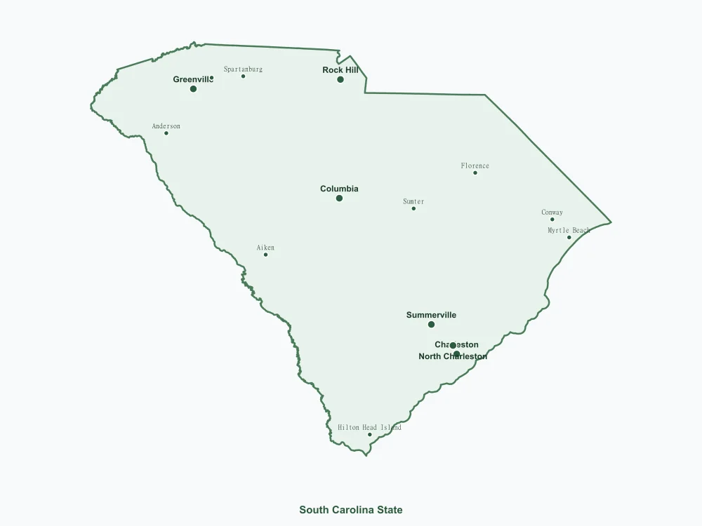 Map of South Carolina State showing major cities